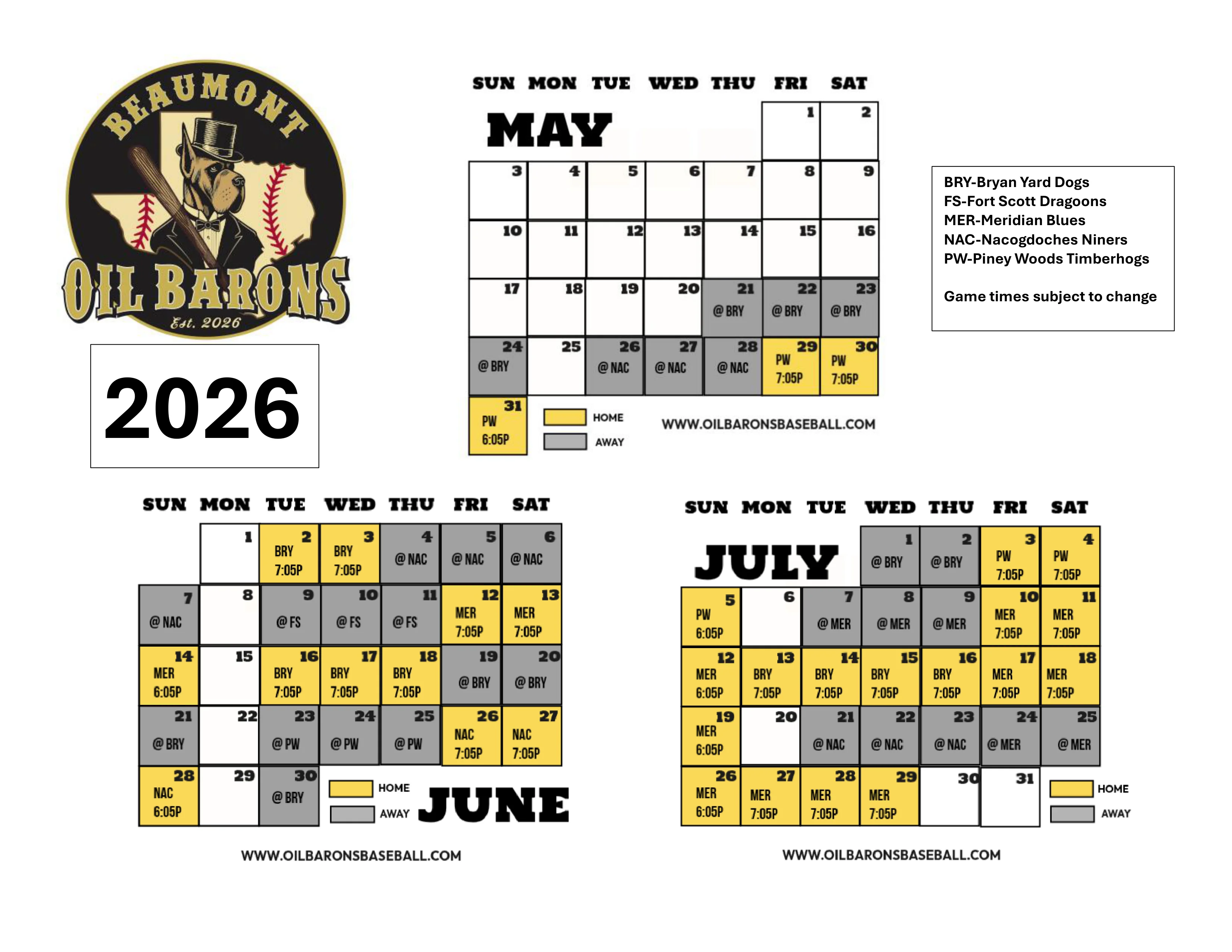 Beaumont Oil Barons 2026 Season Schedule - May, June, July